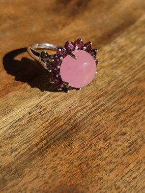 Pink Jadeite Garnet Halo Cocktail Ring -